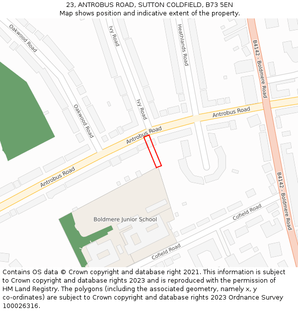 23, ANTROBUS ROAD, SUTTON COLDFIELD, B73 5EN: Location map and indicative extent of plot