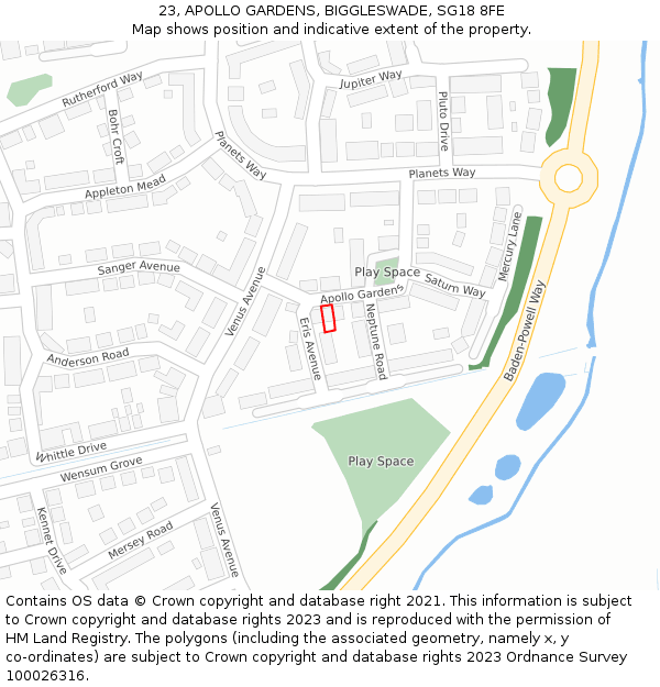 23, APOLLO GARDENS, BIGGLESWADE, SG18 8FE: Location map and indicative extent of plot