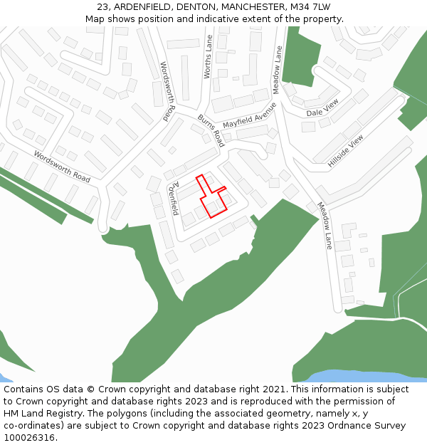23, ARDENFIELD, DENTON, MANCHESTER, M34 7LW: Location map and indicative extent of plot