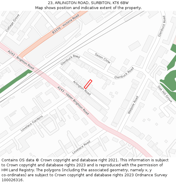 23, ARLINGTON ROAD, SURBITON, KT6 6BW: Location map and indicative extent of plot