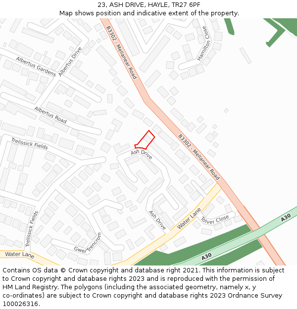 23, ASH DRIVE, HAYLE, TR27 6PF: Location map and indicative extent of plot