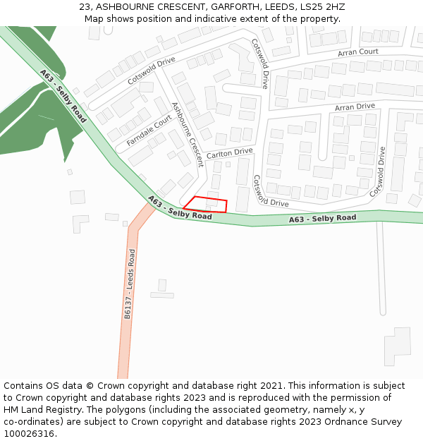 23, ASHBOURNE CRESCENT, GARFORTH, LEEDS, LS25 2HZ: Location map and indicative extent of plot