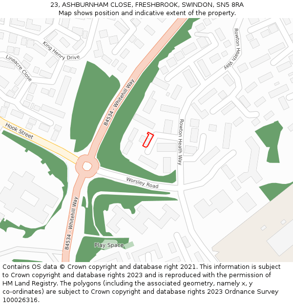 23, ASHBURNHAM CLOSE, FRESHBROOK, SWINDON, SN5 8RA: Location map and indicative extent of plot