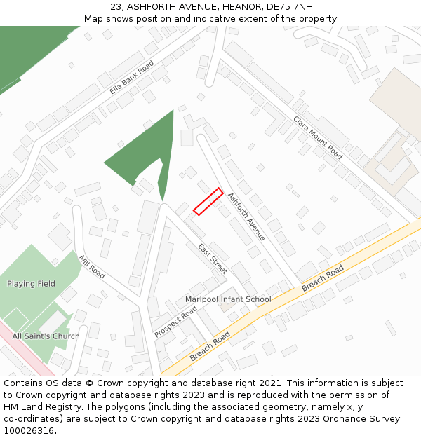23, ASHFORTH AVENUE, HEANOR, DE75 7NH: Location map and indicative extent of plot
