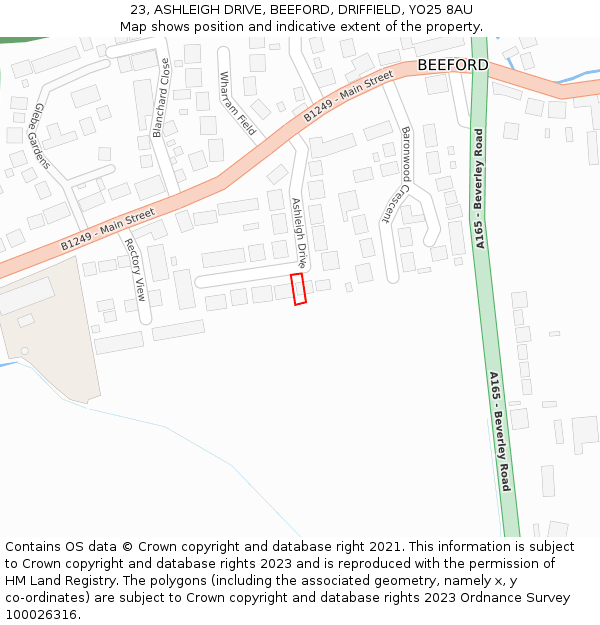 23, ASHLEIGH DRIVE, BEEFORD, DRIFFIELD, YO25 8AU: Location map and indicative extent of plot