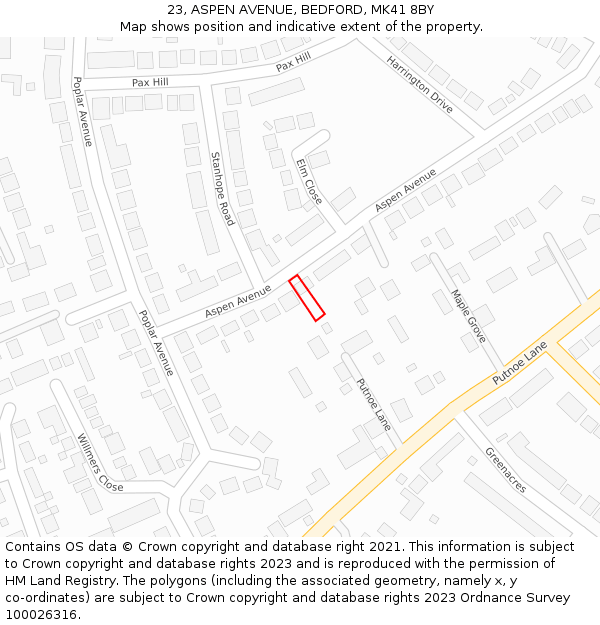 23, ASPEN AVENUE, BEDFORD, MK41 8BY: Location map and indicative extent of plot