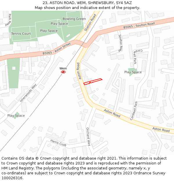 23, ASTON ROAD, WEM, SHREWSBURY, SY4 5AZ: Location map and indicative extent of plot