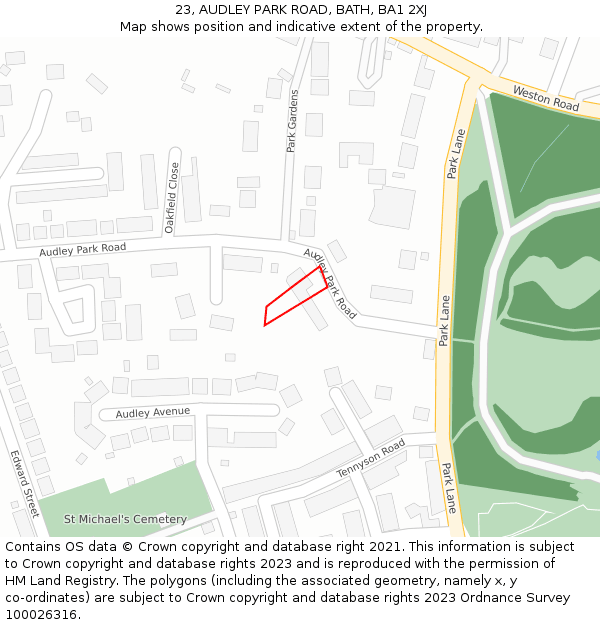 23, AUDLEY PARK ROAD, BATH, BA1 2XJ: Location map and indicative extent of plot