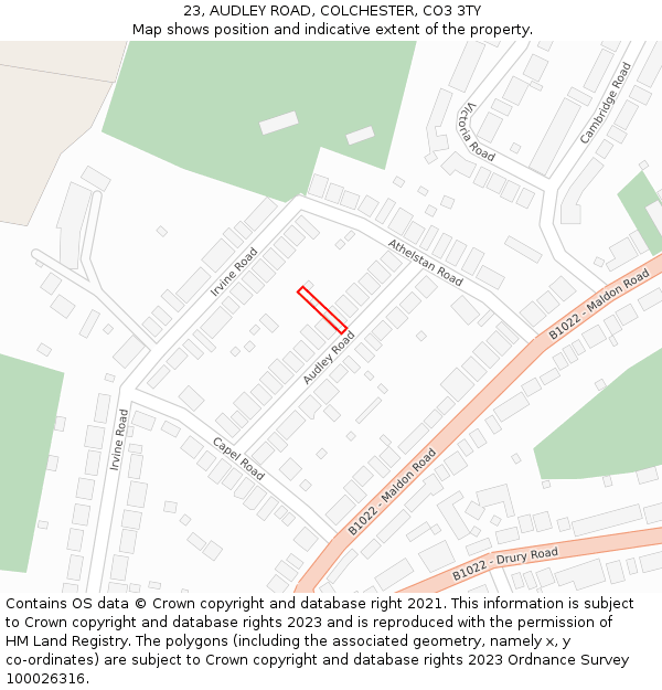 23, AUDLEY ROAD, COLCHESTER, CO3 3TY: Location map and indicative extent of plot