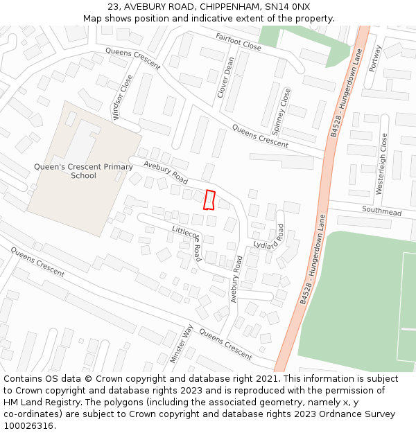 23, AVEBURY ROAD, CHIPPENHAM, SN14 0NX: Location map and indicative extent of plot