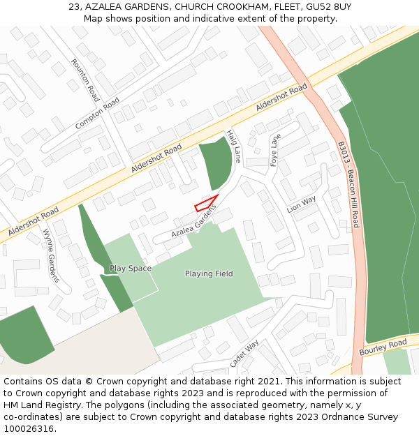 23, AZALEA GARDENS, CHURCH CROOKHAM, FLEET, GU52 8UY: Location map and indicative extent of plot