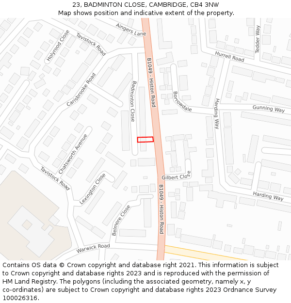 23, BADMINTON CLOSE, CAMBRIDGE, CB4 3NW: Location map and indicative extent of plot