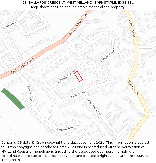 23, BALLARDS CRESCENT, WEST YELLAND, BARNSTAPLE, EX31 3EU: Location map and indicative extent of plot