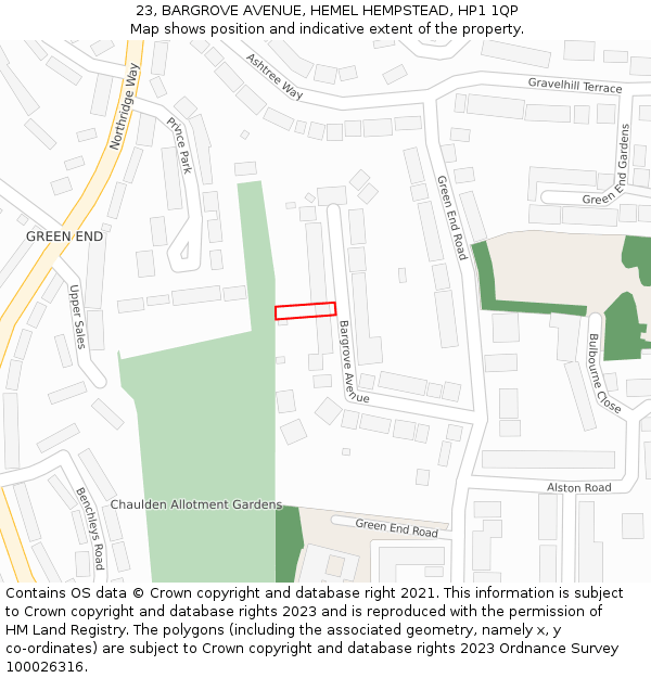 23, BARGROVE AVENUE, HEMEL HEMPSTEAD, HP1 1QP: Location map and indicative extent of plot