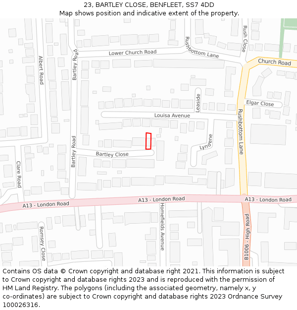 23, BARTLEY CLOSE, BENFLEET, SS7 4DD: Location map and indicative extent of plot