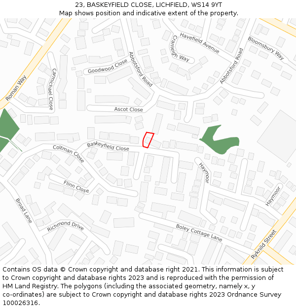 23, BASKEYFIELD CLOSE, LICHFIELD, WS14 9YT: Location map and indicative extent of plot