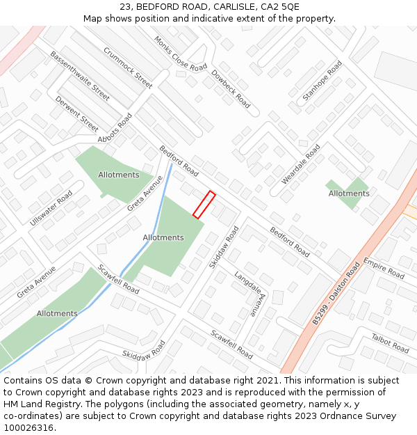 23, BEDFORD ROAD, CARLISLE, CA2 5QE: Location map and indicative extent of plot