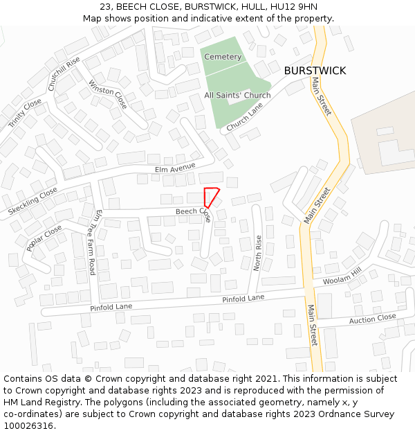 23, BEECH CLOSE, BURSTWICK, HULL, HU12 9HN: Location map and indicative extent of plot