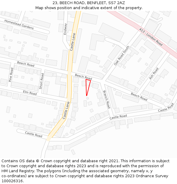 23, BEECH ROAD, BENFLEET, SS7 2AZ: Location map and indicative extent of plot