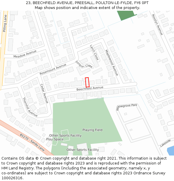 23, BEECHFIELD AVENUE, PREESALL, POULTON-LE-FYLDE, FY6 0PT: Location map and indicative extent of plot