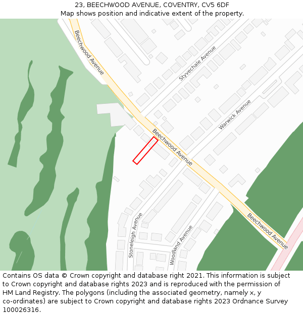 23, BEECHWOOD AVENUE, COVENTRY, CV5 6DF: Location map and indicative extent of plot