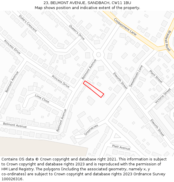 23, BELMONT AVENUE, SANDBACH, CW11 1BU: Location map and indicative extent of plot