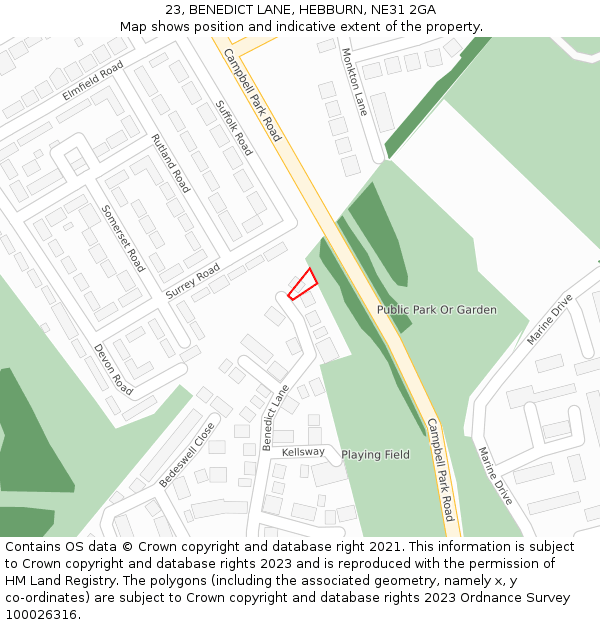 23, BENEDICT LANE, HEBBURN, NE31 2GA: Location map and indicative extent of plot