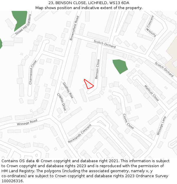 23, BENSON CLOSE, LICHFIELD, WS13 6DA: Location map and indicative extent of plot