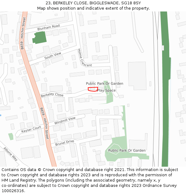 23, BERKELEY CLOSE, BIGGLESWADE, SG18 8SY: Location map and indicative extent of plot