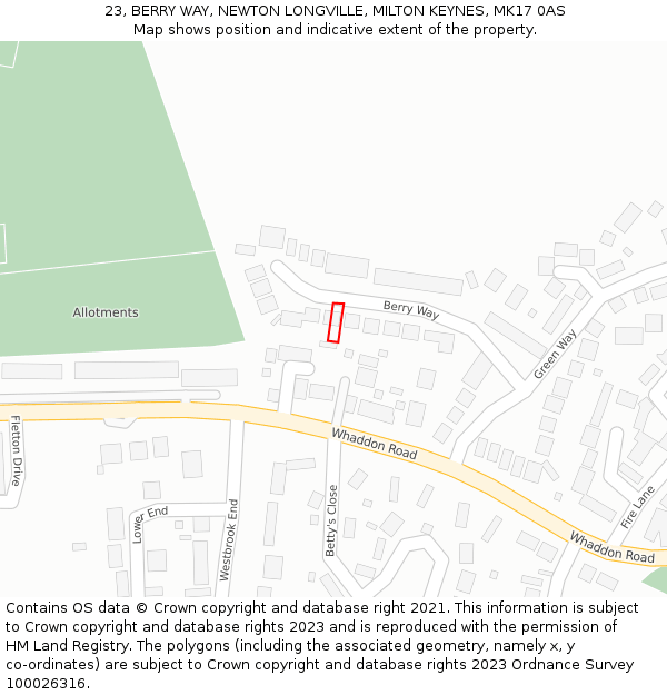 23, BERRY WAY, NEWTON LONGVILLE, MILTON KEYNES, MK17 0AS: Location map and indicative extent of plot