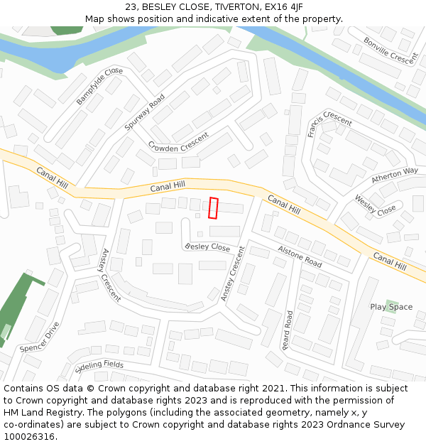 23, BESLEY CLOSE, TIVERTON, EX16 4JF: Location map and indicative extent of plot