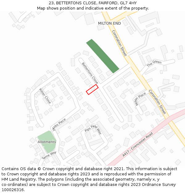 23, BETTERTONS CLOSE, FAIRFORD, GL7 4HY: Location map and indicative extent of plot