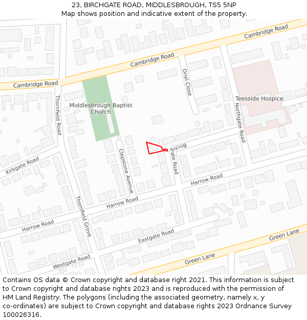 23, BIRCHGATE ROAD, MIDDLESBROUGH, TS5 5NP: Location map and indicative extent of plot