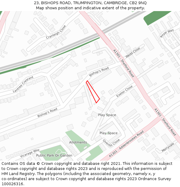 23, BISHOPS ROAD, TRUMPINGTON, CAMBRIDGE, CB2 9NQ: Location map and indicative extent of plot