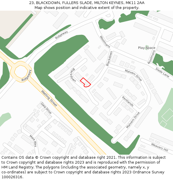 23, BLACKDOWN, FULLERS SLADE, MILTON KEYNES, MK11 2AA: Location map and indicative extent of plot