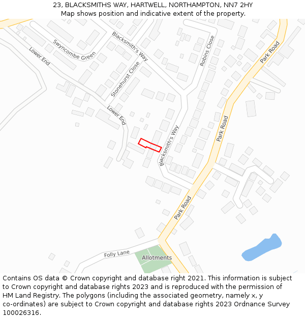 23, BLACKSMITHS WAY, HARTWELL, NORTHAMPTON, NN7 2HY: Location map and indicative extent of plot
