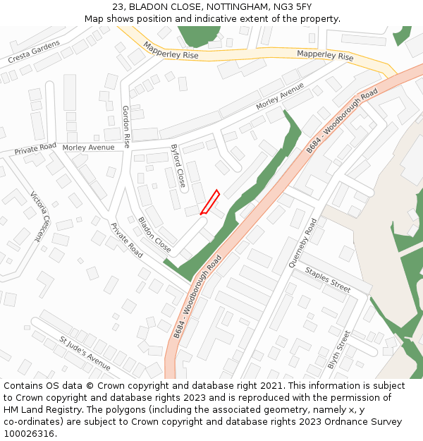 23, BLADON CLOSE, NOTTINGHAM, NG3 5FY: Location map and indicative extent of plot