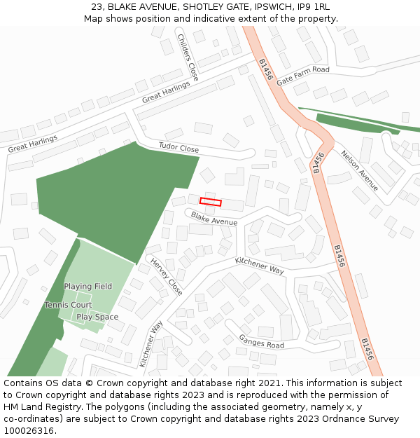 23, BLAKE AVENUE, SHOTLEY GATE, IPSWICH, IP9 1RL: Location map and indicative extent of plot