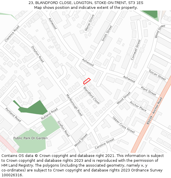 23, BLANDFORD CLOSE, LONGTON, STOKE-ON-TRENT, ST3 1ES: Location map and indicative extent of plot