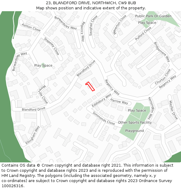 23, BLANDFORD DRIVE, NORTHWICH, CW9 8UB: Location map and indicative extent of plot