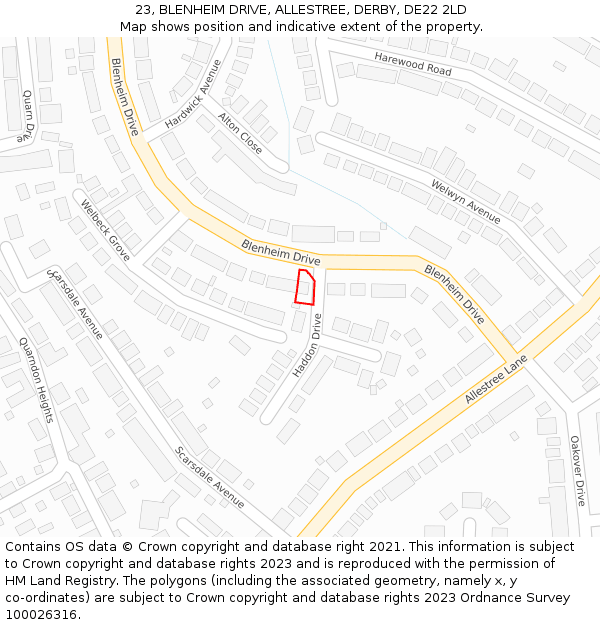 23, BLENHEIM DRIVE, ALLESTREE, DERBY, DE22 2LD: Location map and indicative extent of plot
