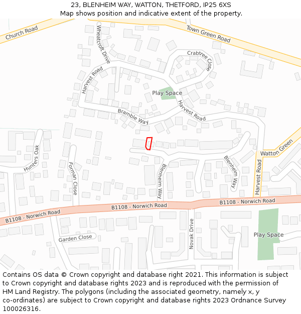 23, BLENHEIM WAY, WATTON, THETFORD, IP25 6XS: Location map and indicative extent of plot