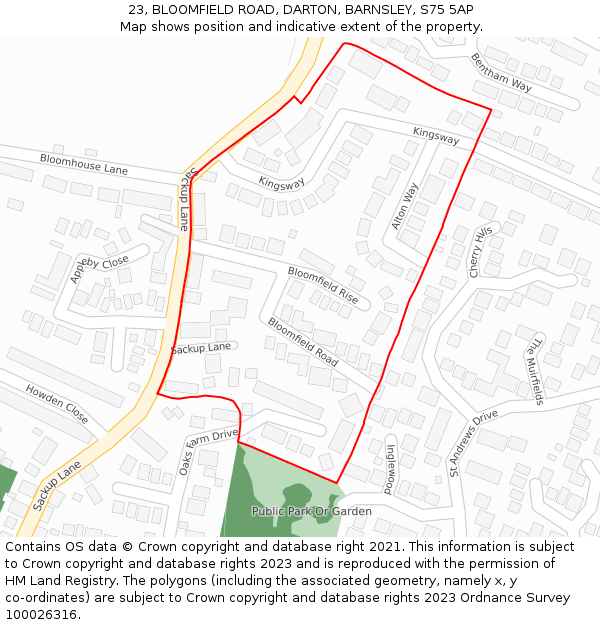 23, BLOOMFIELD ROAD, DARTON, BARNSLEY, S75 5AP: Location map and indicative extent of plot