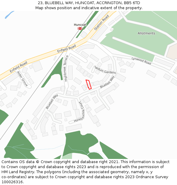 23, BLUEBELL WAY, HUNCOAT, ACCRINGTON, BB5 6TD: Location map and indicative extent of plot