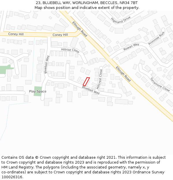 23, BLUEBELL WAY, WORLINGHAM, BECCLES, NR34 7BT: Location map and indicative extent of plot