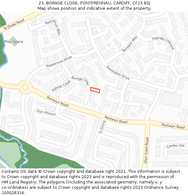 23, BORAGE CLOSE, PONTPRENNAU, CARDIFF, CF23 8SJ: Location map and indicative extent of plot