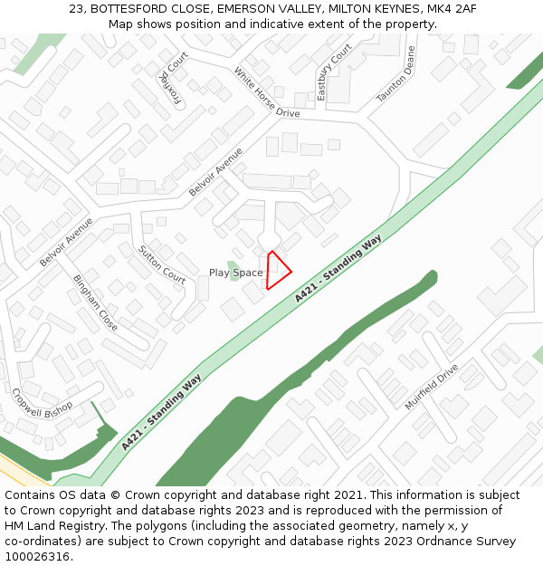 23, BOTTESFORD CLOSE, EMERSON VALLEY, MILTON KEYNES, MK4 2AF: Location map and indicative extent of plot