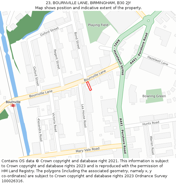 23, BOURNVILLE LANE, BIRMINGHAM, B30 2JY: Location map and indicative extent of plot