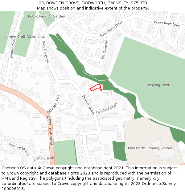 23, BOWDEN GROVE, DODWORTH, BARNSLEY, S75 3TB: Location map and indicative extent of plot