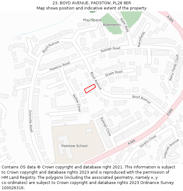 23, BOYD AVENUE, PADSTOW, PL28 8ER: Location map and indicative extent of plot